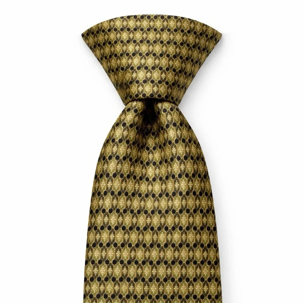 Boston Traders Men Classic Necktie 100%‎ Silk Black Yellow Gold Tiny Flower 90s